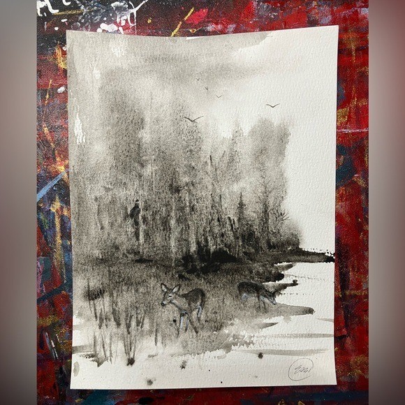 Original Deer Wildlife Painting Forest Landscape Art Bigfoot Artwork EAE USA