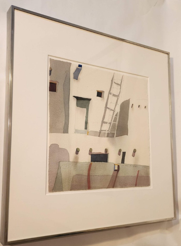 1983 SARI STAGGS ORIGINAL WATERCOLOR PUEBLO EXTERIOR SOUTHWEST ART NATIVE AMER.