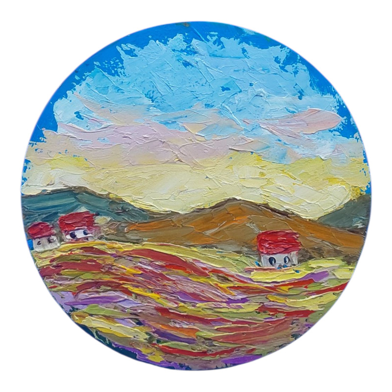 Lavender Mountains Original Round Painting Oil Impasto Handmade Wall Art 7×7 in