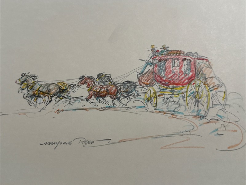 MARJORIE REED DRAWING LISTED FAMOUS Sketch BUTTERFIELD STAGECOACH Horses Rare