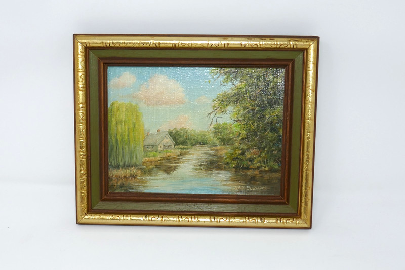 Geo Durham Framed Oil on Board Landscape Painting House on River