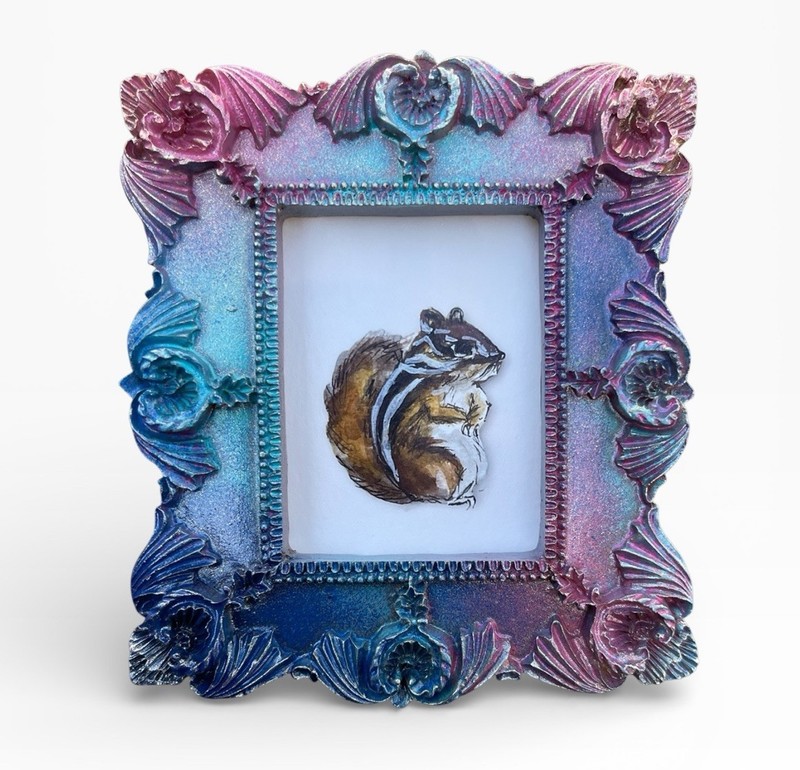 Chipmunk 🐿️ watercolor animal print in mini colorful vintage style ornate frame