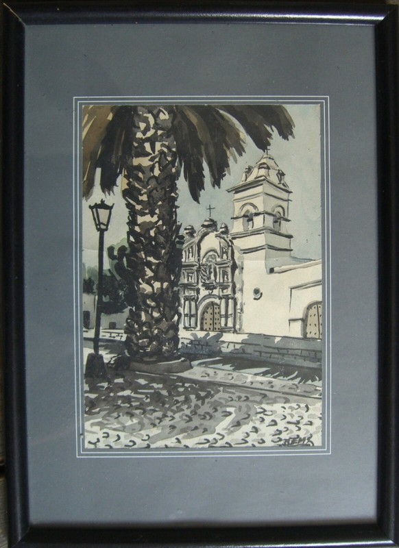 Aquarell Kirche In Südamerika Peru Arequipa Iglesias De Yanahuara Sign. 1978