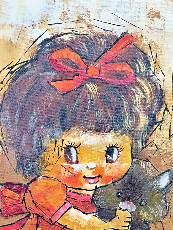 Vintage 1970's Big Eyed Girl and Kitty Framed Mod Oil Painting Signed "Howard" gallery