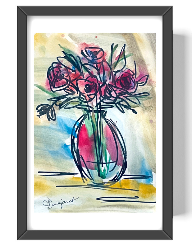 Guajardo Original Art: Roses in Vase 9X6 Paper Signed Art Expressionism