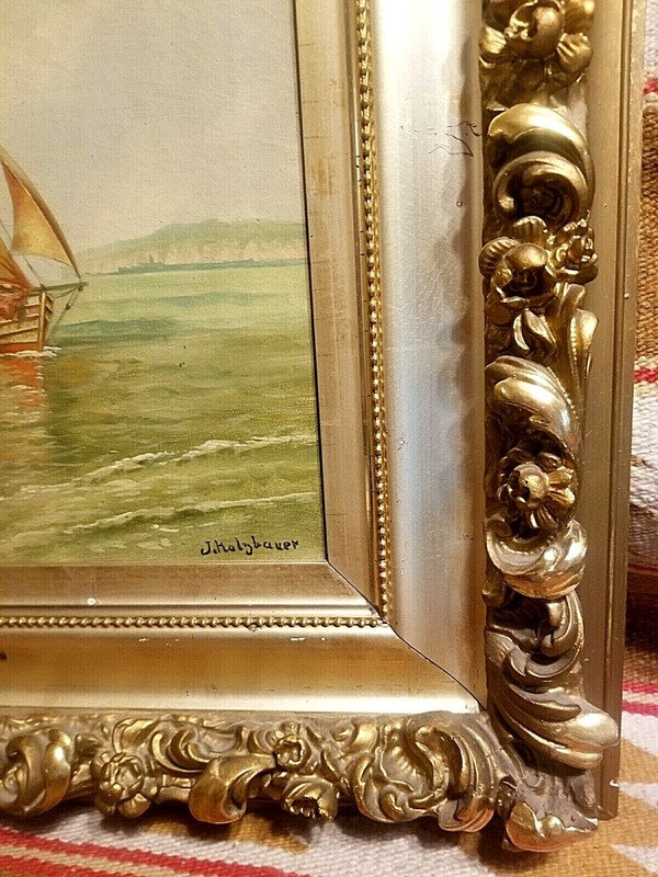 BEAUTIFUL 1800s O/C PAINTING FISHING SAIL BOAT IN STUNNING GOLD LEAF FRAME gallery