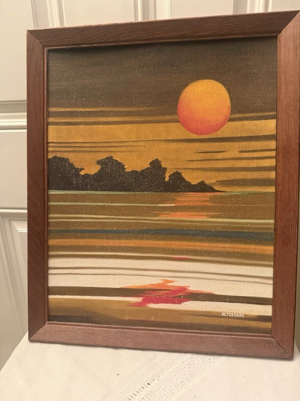 Vintage Signed Altomare Original Oil Painting on Canvas MCM Sunset Retro Sun