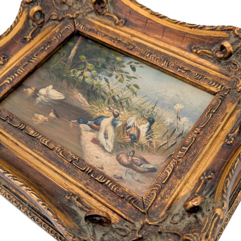 1850s Antique Waterfowl Ducks Landscape 19th C Original Oil Painting Signed HUNT gallery