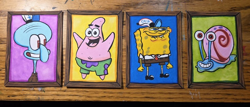 Main 4 Spongebob Character Set HandPainted Acrylic and Watercolor ACEO Art Cards