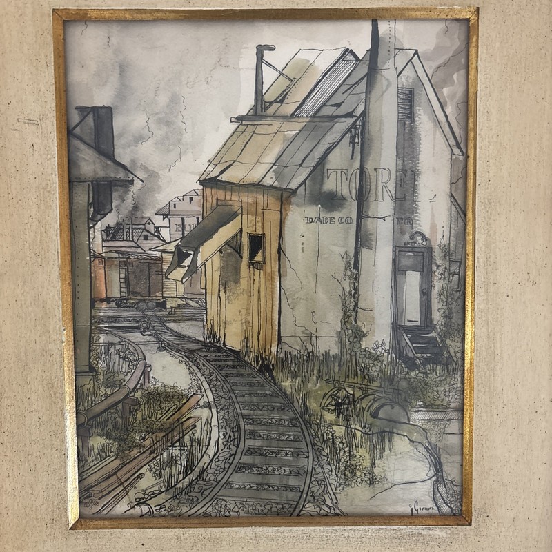 Framed Original Watercolor Painting Of A Train Depot Signed By Artist gallery