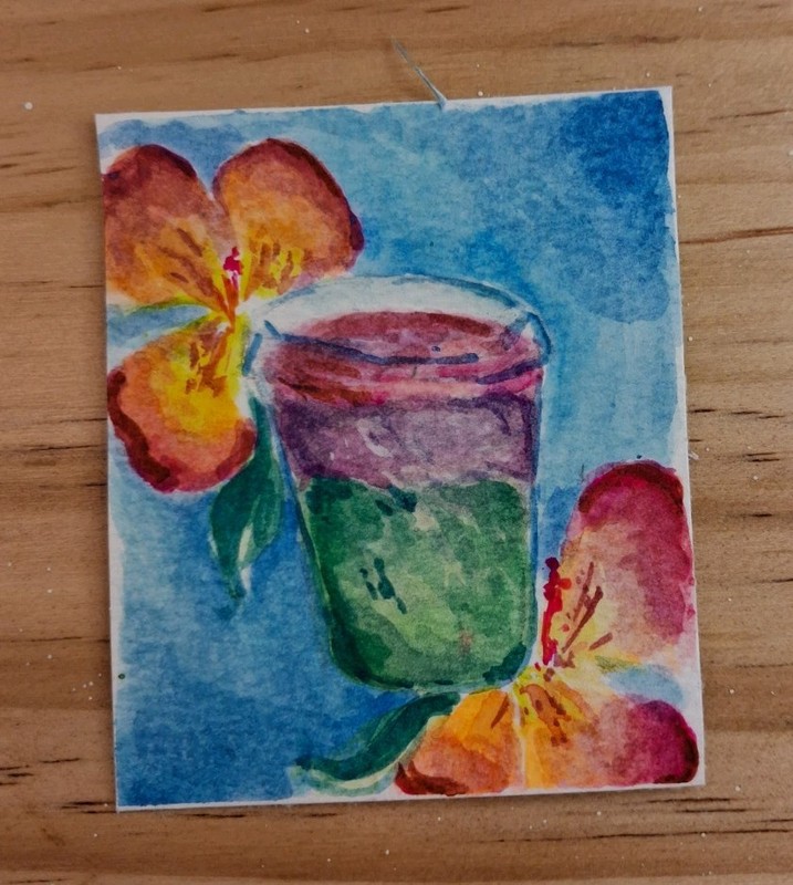 ACEO Hand Painted Card 3×3 Inch. Painting Of Mactha Pea Flower Latte.