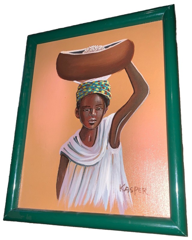 VTG Original Signed Kasper ‘African Girl W/Basket’ 9”W 11”T Canvas Framed