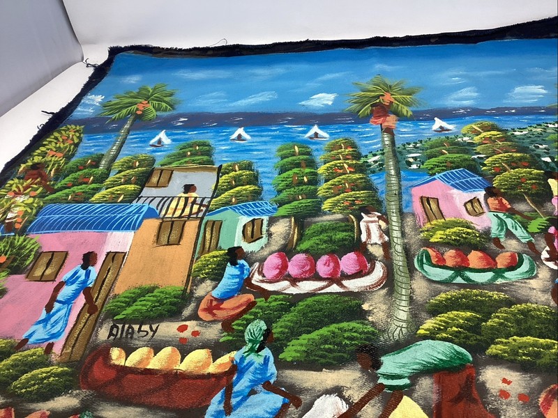 Vtg Signed Alaby HAITIAN Folk Art Marketplace Village Oil Painting 23.5”x20” gallery