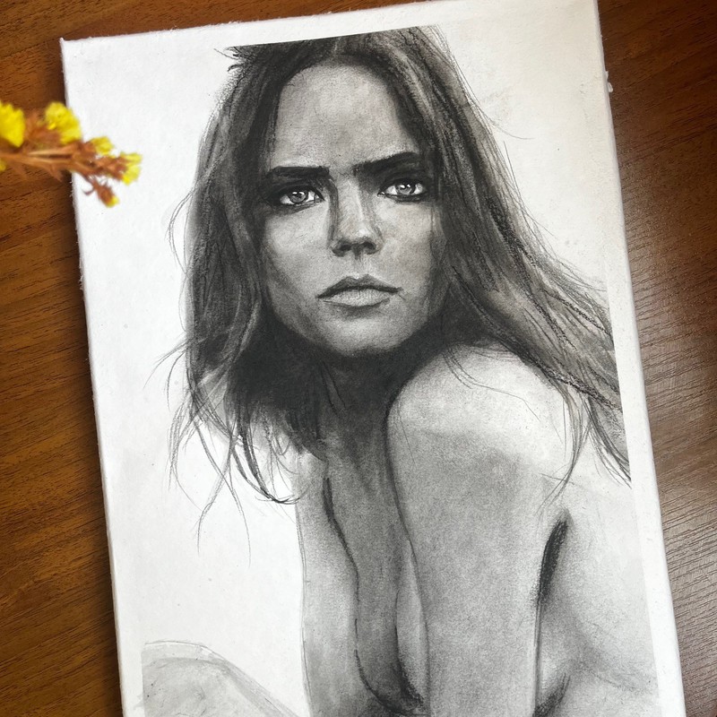 Original charcoal drawing. girl portrait. minimalist black and white art gallery