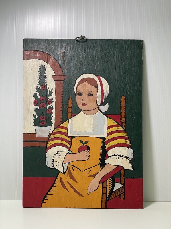 Vintage Oil on Wood Pilgrim American Folk Art Colonial Girl Sitting 10” x 14”