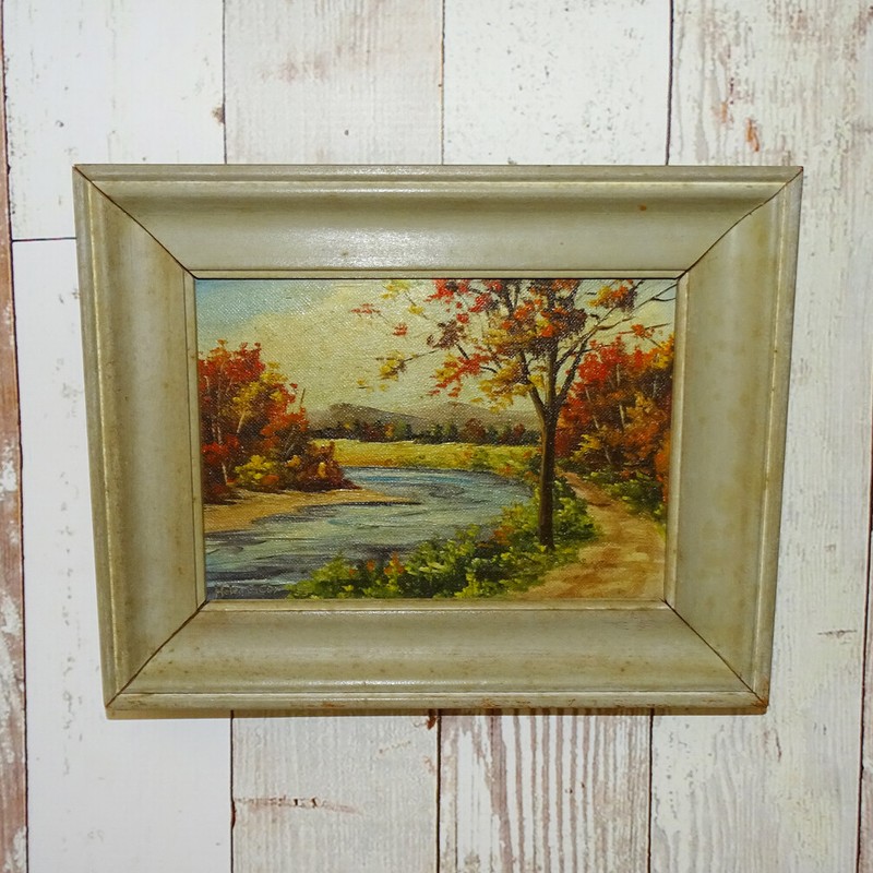 1953 Miniature Autumn Landscape Oil Painting O/B Stream Trees Signed Helen Cox gallery