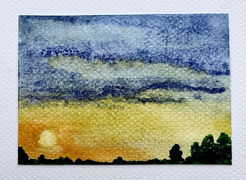 Golden Sunset Evening Sky Landscape Watercolor ACEO Original Art -Elbeeart gallery