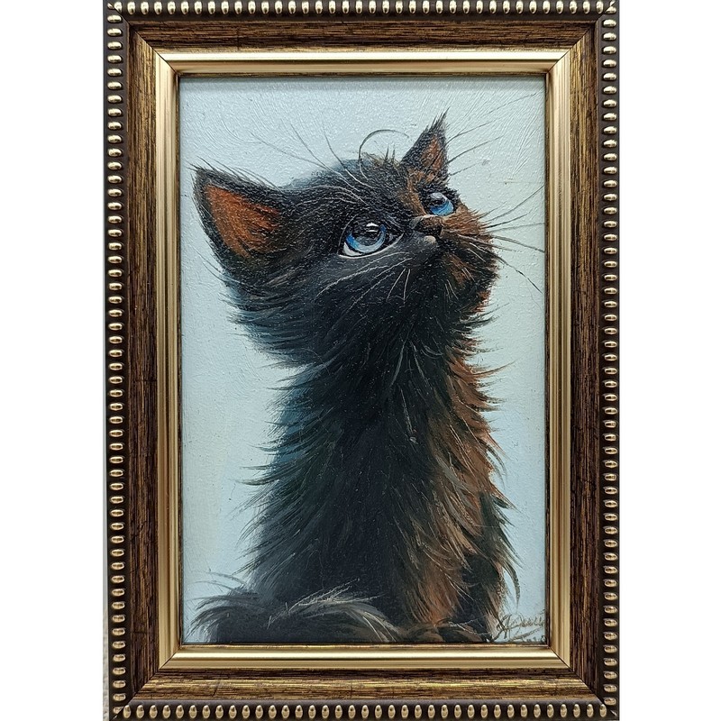 Black Cat Original Oil Painting 4×6 Framed Signed Cute Kitten Blue Eyes Art Gift
