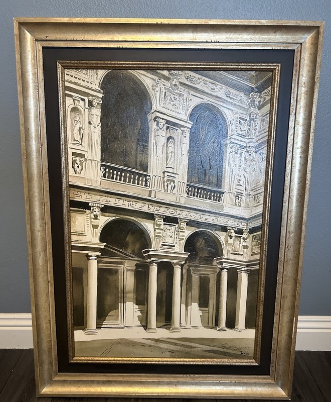 Holman 1925 Italian Palazzo Courtyard Architectural Painting Framed Vintage