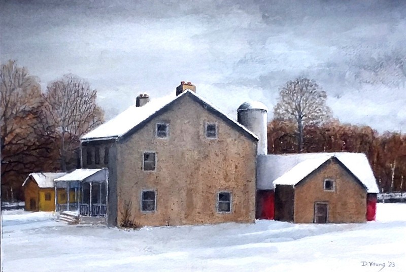 Orig Matted Gouache Painting – PENNSYLVANIA FARMHOUSE Snow Scene by David Young