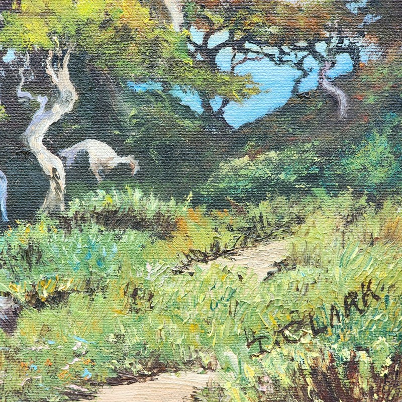 Vtg Acrylic on Canvas Painting Ocean View Framed Artist Signed Trees Water Pink gallery