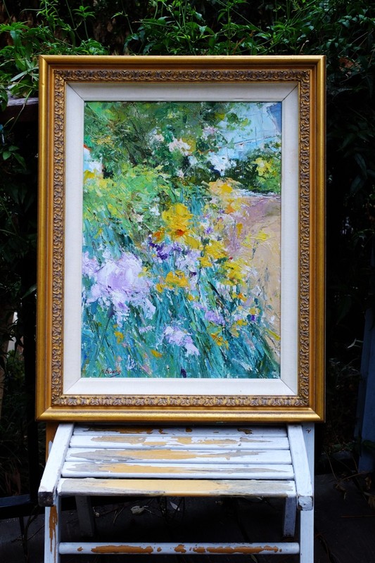 «Jardin Con Iris» P. Bueno impressionist painting- original acrylic on canvas