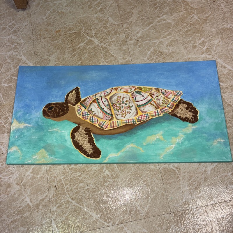 Original Sea Turtle Acrylic Mixed Media Hand Painted Canvas 24×12 Signed Artist