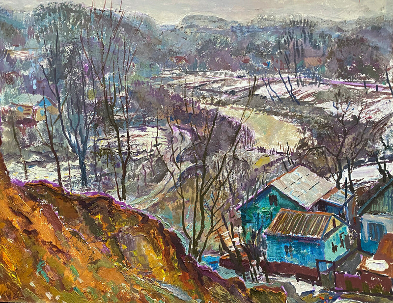 ::ACRYLIC INDEUTL.SIGN.1982 RUSSIAN MOUNTAIN VILLAGE IN WINTER FOREST LANDSCAPE gallery