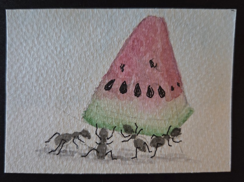 Original ACEO Watercolor Painting «Picnic Party» 2.5×3.5 Signed