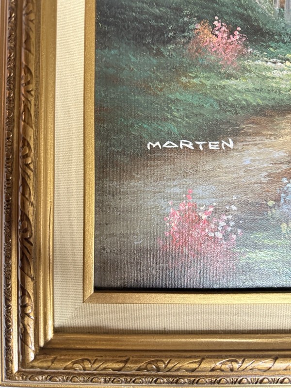 Signed "Marten" Country Cottage Original Oil Painting , Mid Century gallery