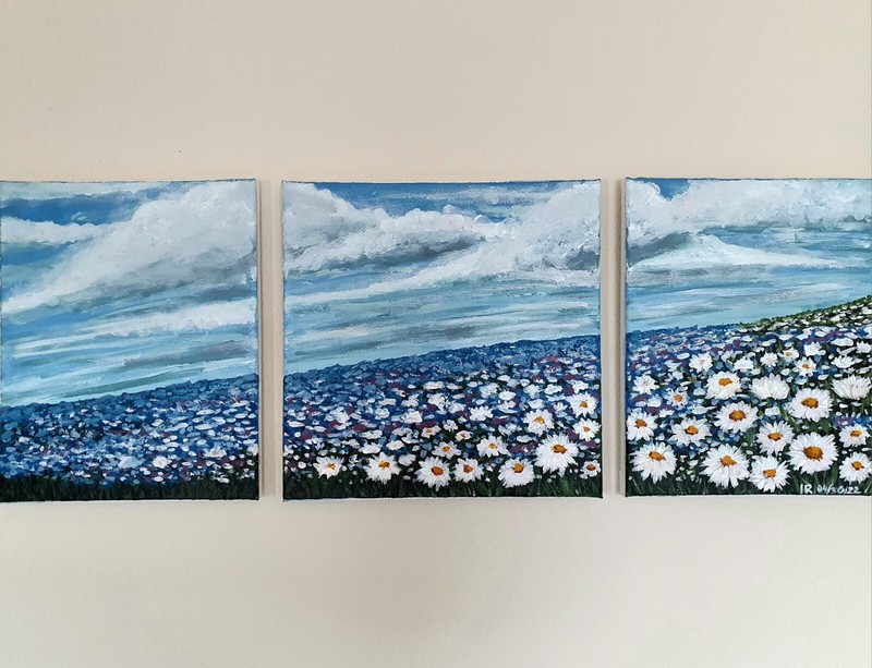 Acrylic painting on canvas Flower dream field, set of 3 parts, daisies 10×26 in
