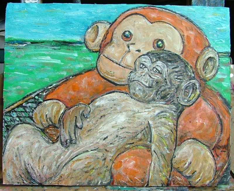 Punch, the Monkey Zoo orphan original 8×10 card panel oil painting by Crowell