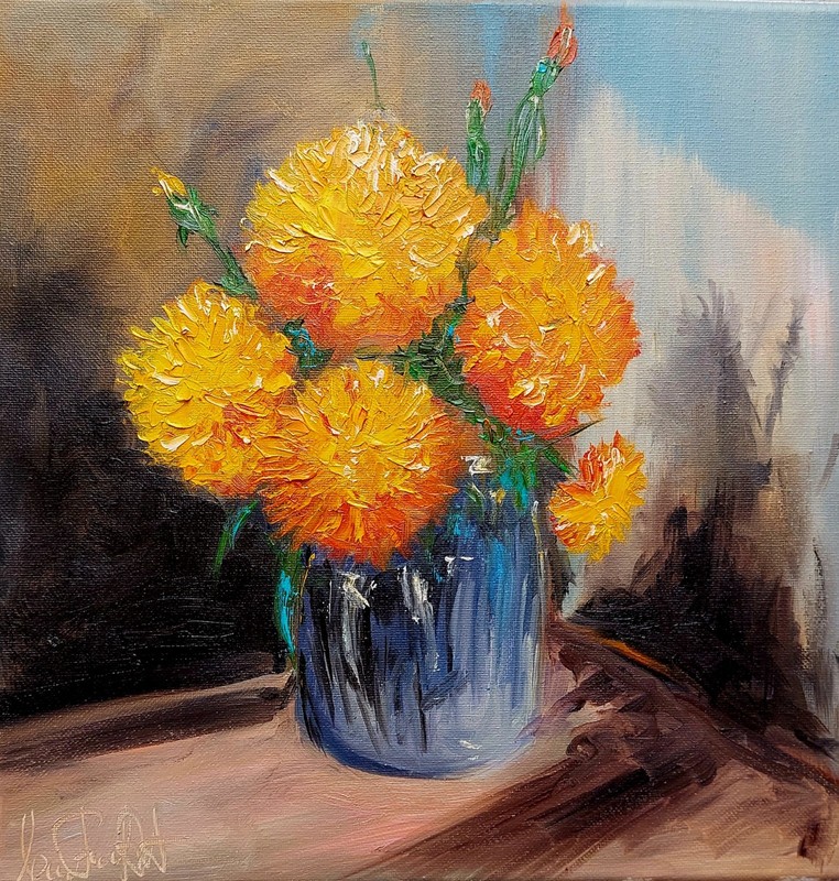 Oil original painting on canvas size 12×12 inches Marigolds flowers
