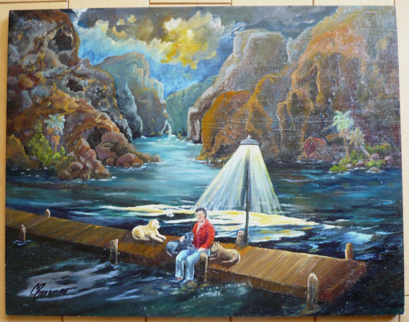 CAROLYN BONANNO, The Pack, FOLK OUTSIDER ART, YOUNG MAN and DOGS, NOCTURNE OIL