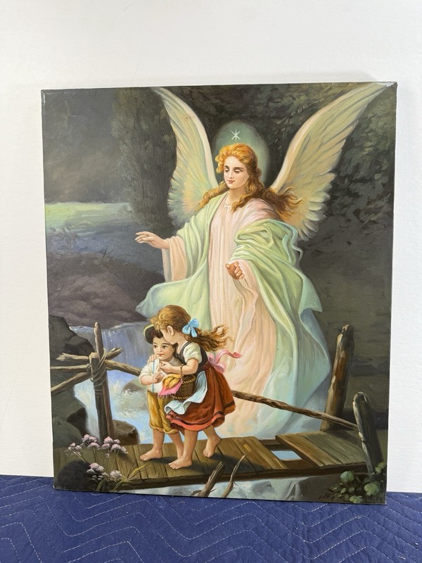 Guardian Angel Watching Over Children On Bridge Oil On Canvas 24×20 4