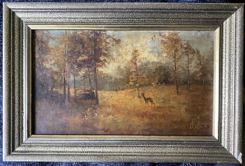 Oil Painting Um 1880 Autumn Forest Roe Deer Monogram J. V.N Frame Antique
