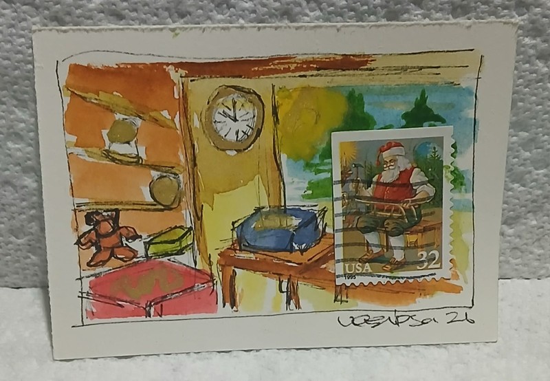 Postal Whimsy ACEO OOAK – 32¢ Santa 1995 Victorian Christmas Workshop Scene