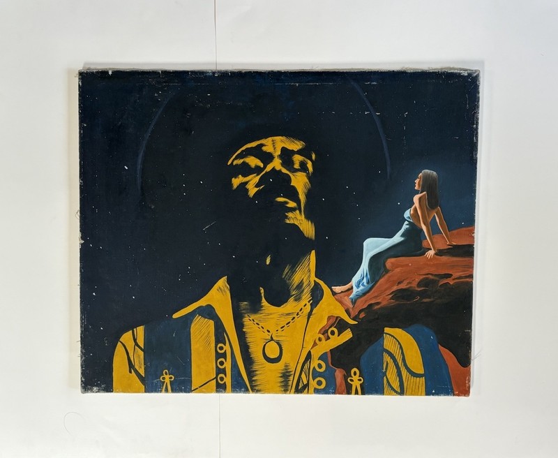 Vintage Original Jimmy Hendrix Painting ROCK N ROLL Guitar Musician Portrait ￼￼