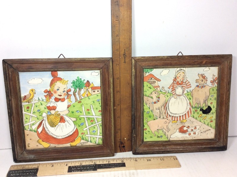 Antique MARY VONNE American DUTCH GIRL FARM ANIMALS WINDMILL COWS COTTAGE TILES