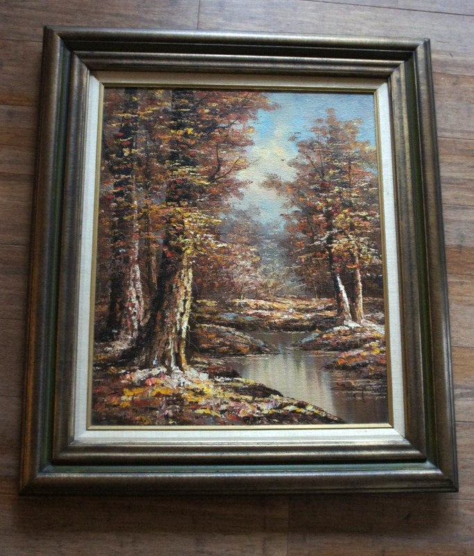 Original signed EMERY LAVELLE (?) Frame Oil Painting on Burlap Landscape 20″x24″