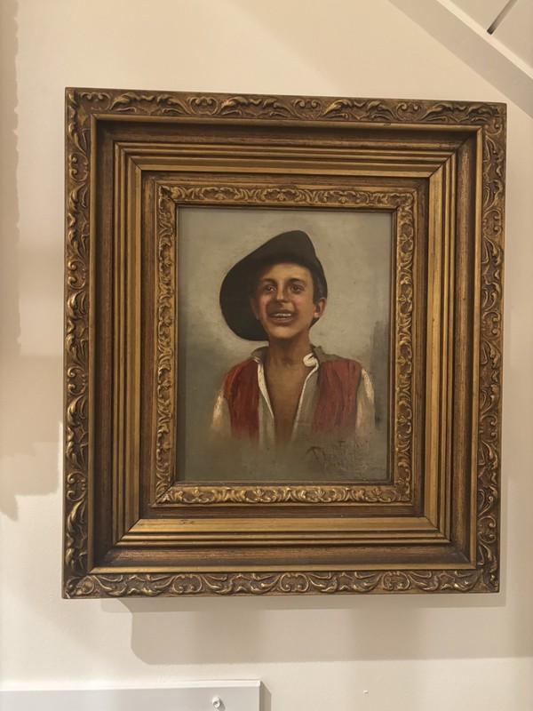 Antique European Oil of Smiling Boy Gold Gilt Wood Frame Signed c. 1890–1920
