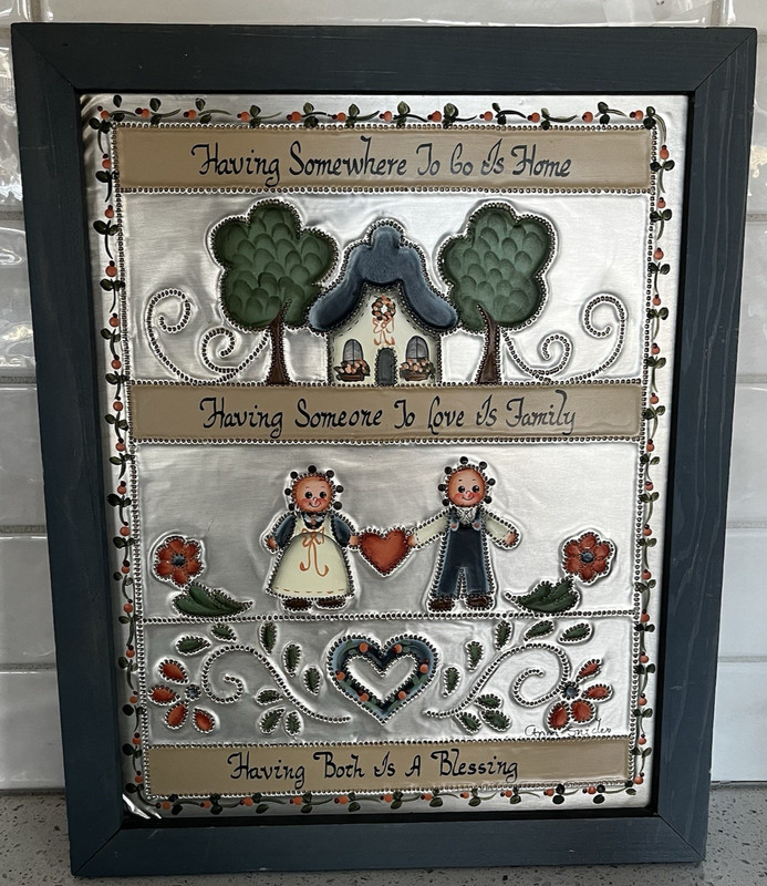 Vintage Handmade Punched Metal Painting Framed Folk Art Cottagecore Wall Artwork gallery