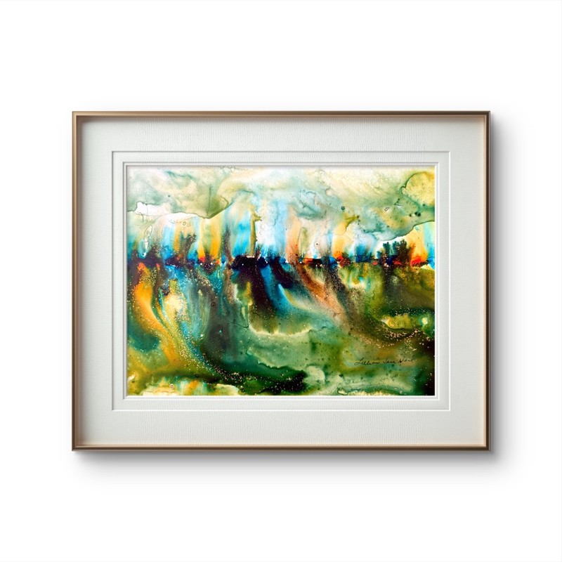 12”x9” Abstract Watercolor in Greens on Paper Original Expressionism Home Art