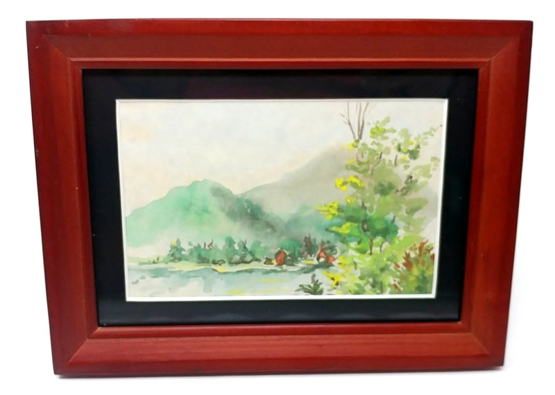 Original Watercolor Landscape Painting Framed Mated Mountain Lake Cabin Wall Art