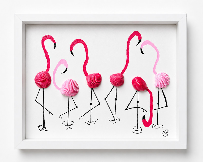 HANDMADE FLAMINGO ART- Painted Natural Sea Shells in Shadow Box 8″x10″