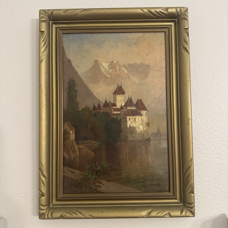 Edwin Deakin 1838-1923 Castle of Chillon Switzerland Oil Painting Signed 14×10