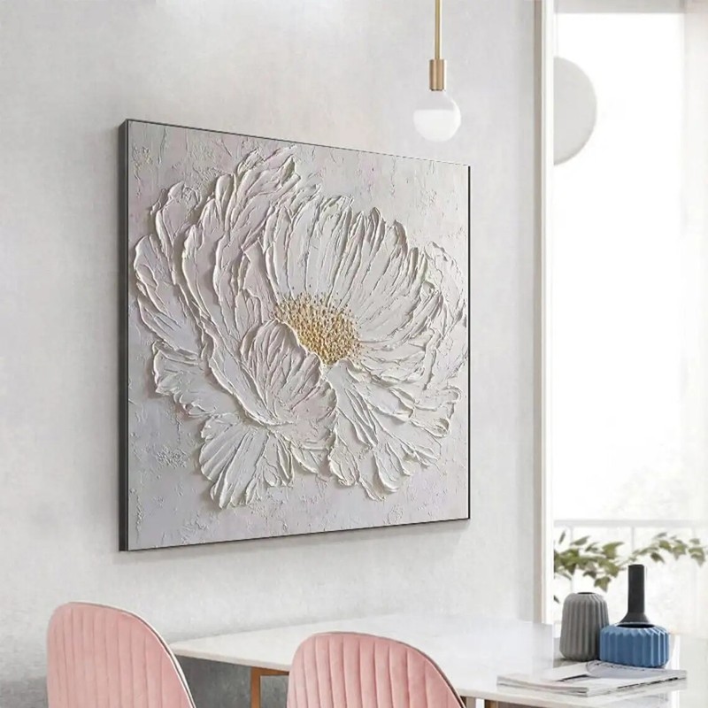 3D Large White Flower Oil Painting On Canvas Handmade Acrylic Heavy Textured