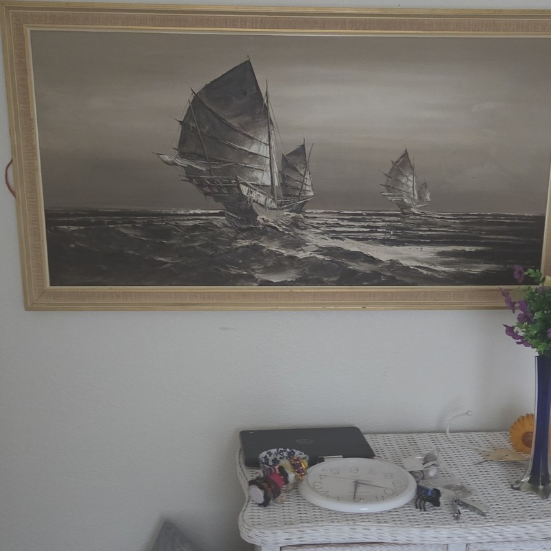 Large Framed Realism Oil Painting on Canvas – Sailing Ships Seascape Art