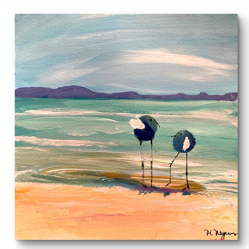 Mary Myers Original Beach Birds Abstract Expressionism 8×8 on cradled wood