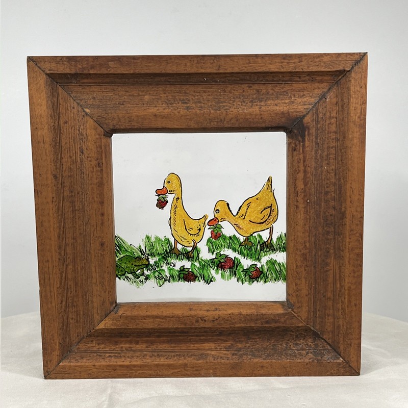 Cute Mini Reverse Painted Yellow Ducks Frog Painting On Glass Chunky Wood Frame
